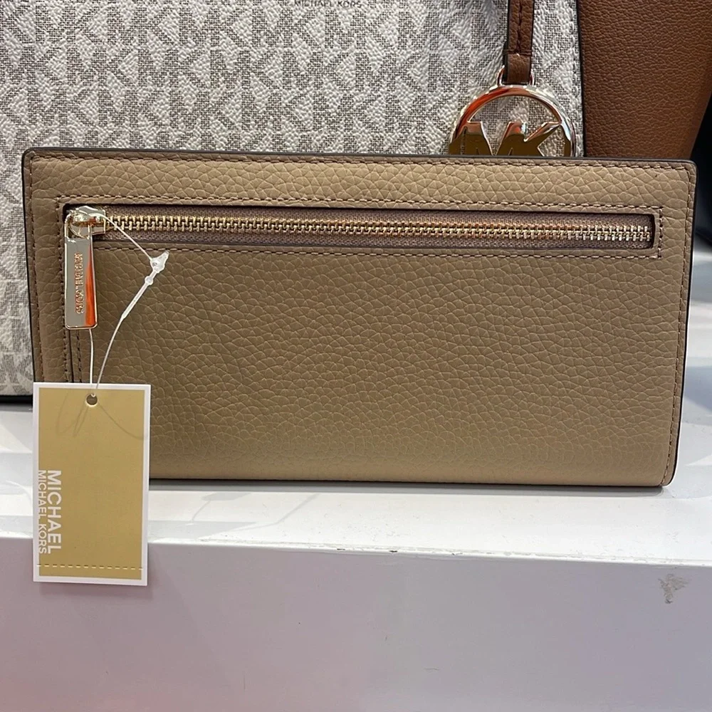Michael Kors Reed Large Bifold Pebbled Leather Snap Wallet Card Case Camel NWT